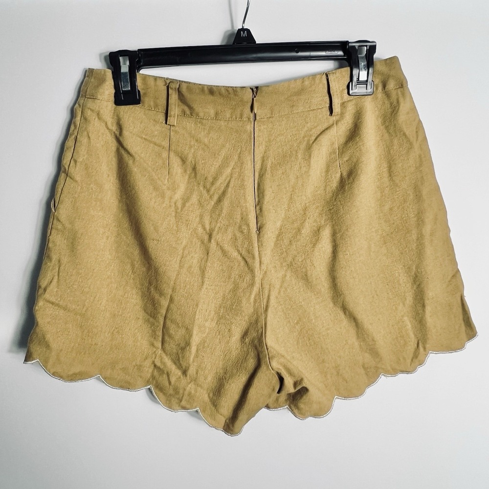 Hem & Thread Women's Med Linen Blend Scallop Hem Shorts Tanish‎ Zip Back READ - Picture 3 of 5